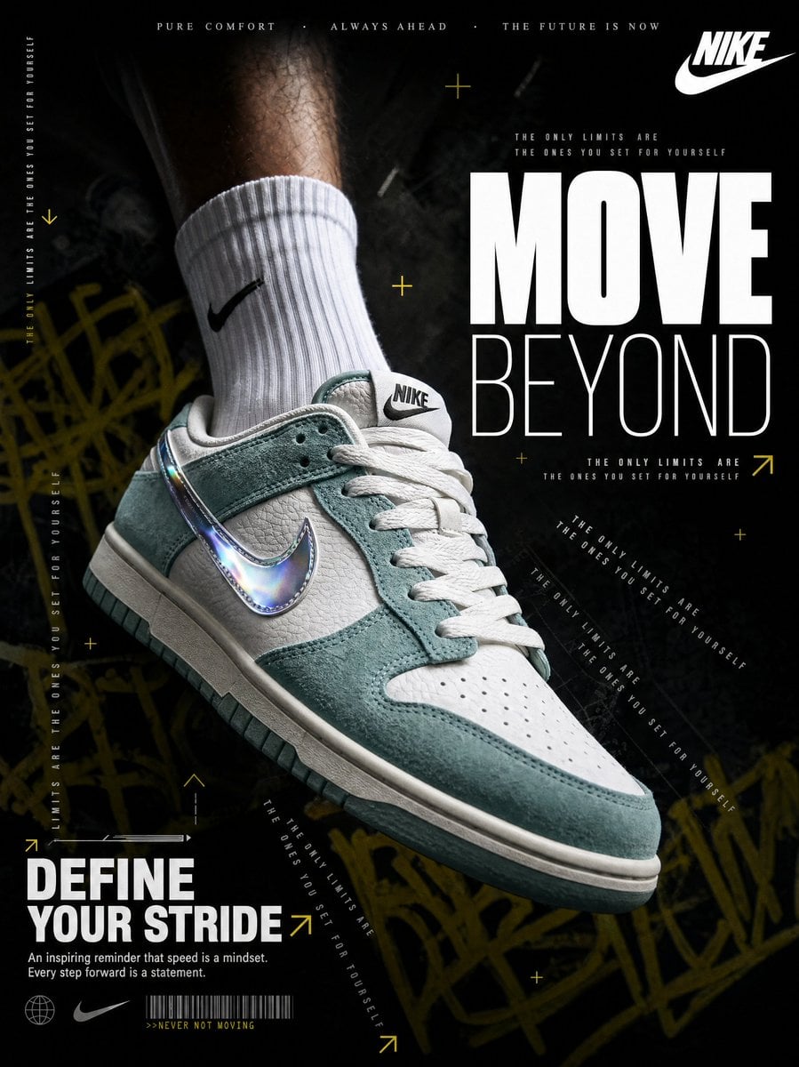 A hyperrealistic Nike sneaker advertisement shot in a dark, moody editorial style. A male...