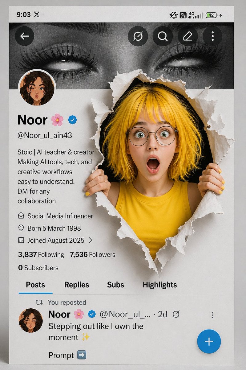 A creative 3D photo manipulation of a social media profile interface, featuring a surpris...