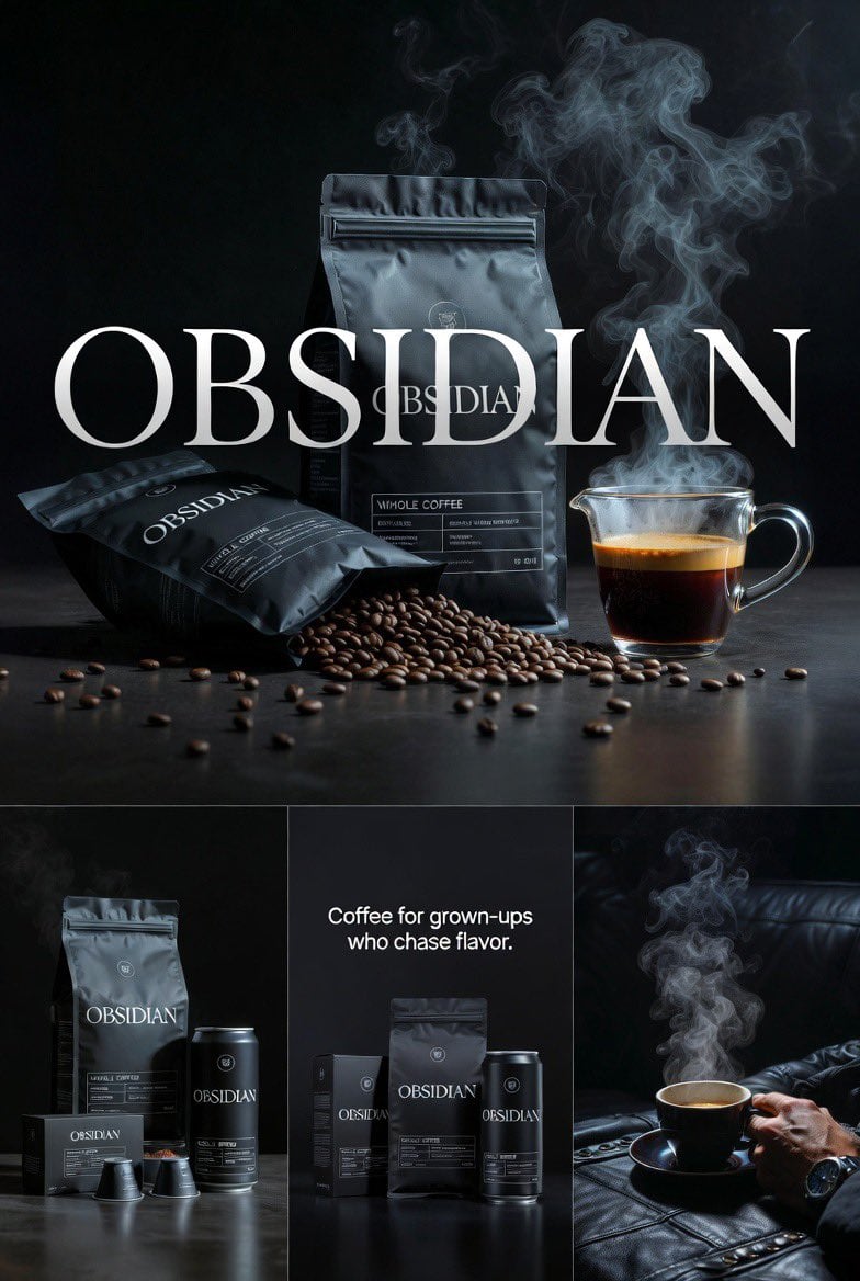 Create four connected premium realistic editorial images for OBSIDIAN coffee. Dark cinema...