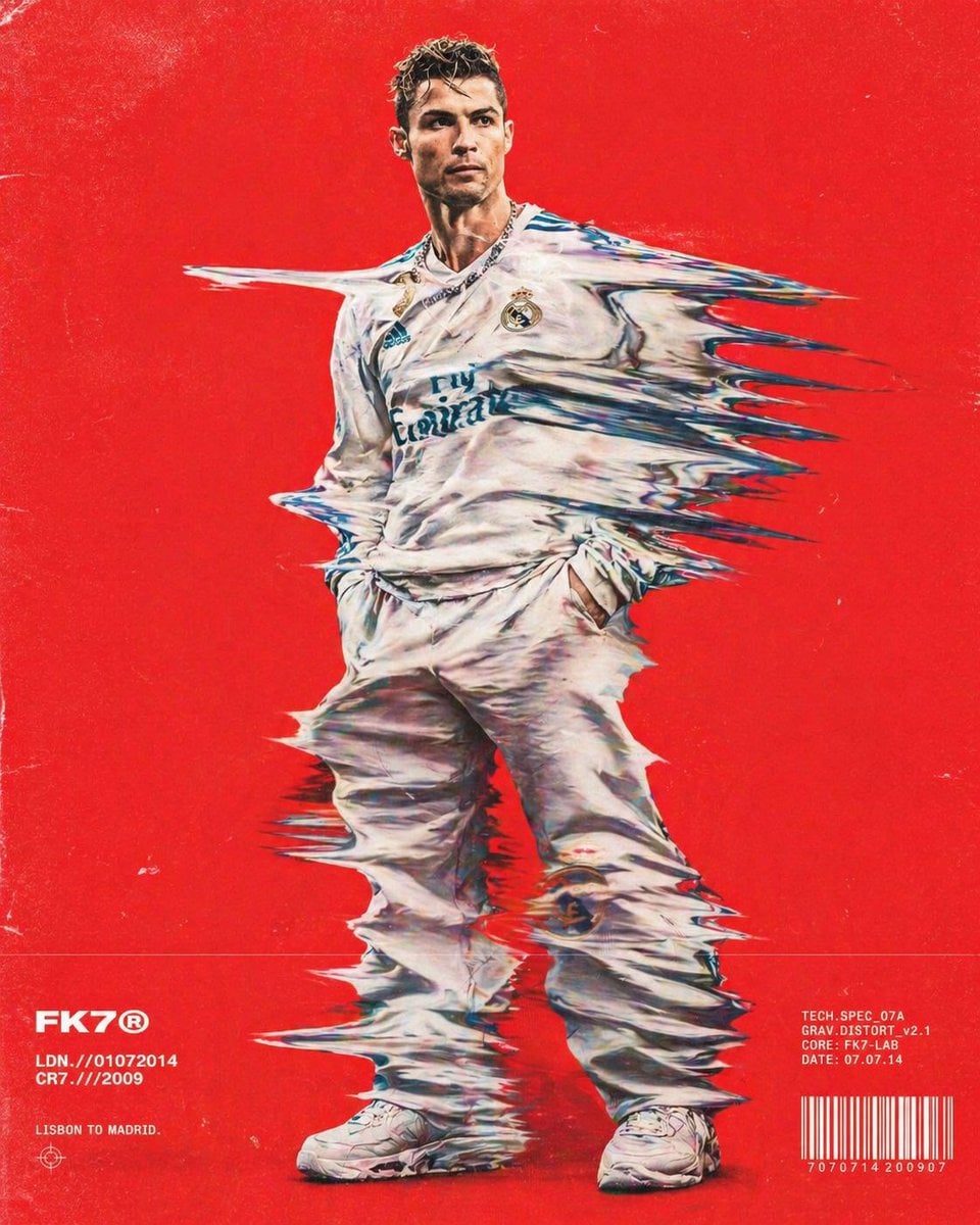 Hip-hop fashion model standing full-frame, clothing distorted into stretched streaks like...