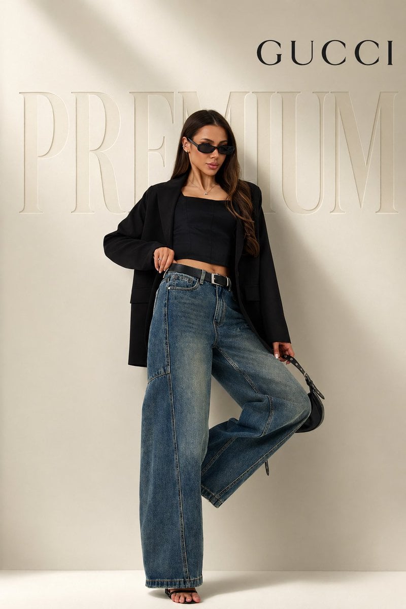 full body female model in confident fashion pose (one leg slightly raised, relaxed luxury...