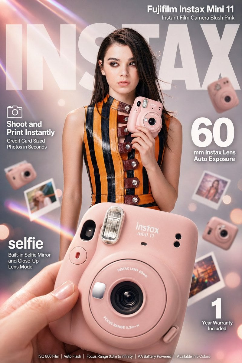 High-impact e-commerce infographic advertisement for "Fujifilm Instax Mini 11" blush pink...