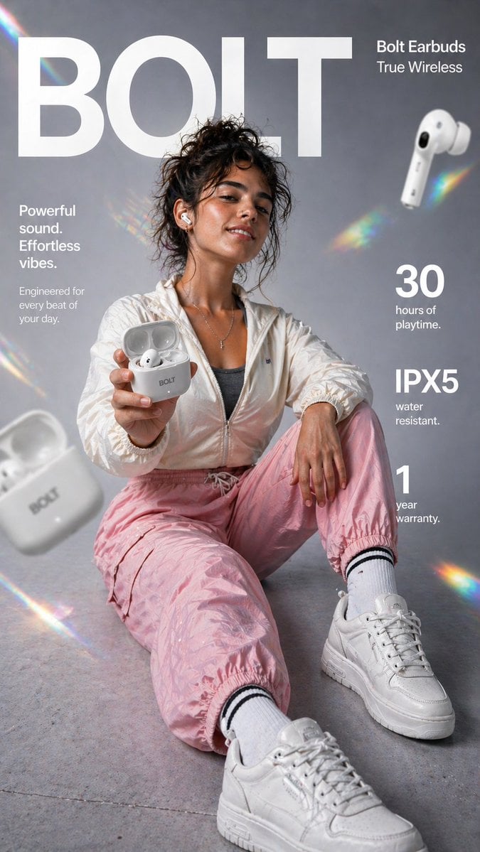 Create a high-impact 9:16 vertical e-commerce infographic for Bolt True Wireless Earbuds ...
