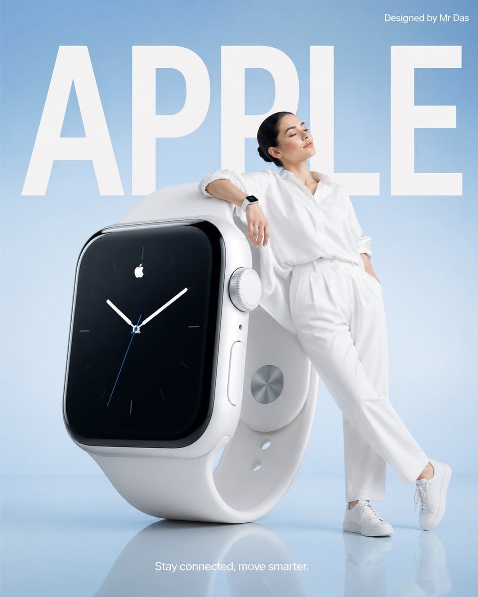 Minimalist commercial ad featuring oversized white smartwatch, ultra-clean design. A youn...