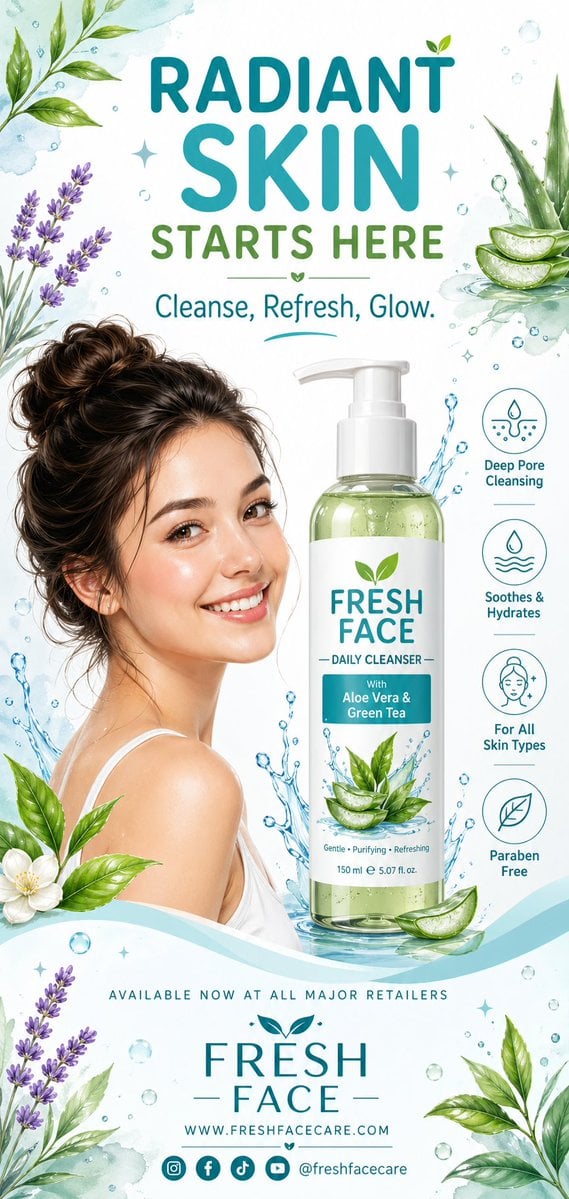 A clean, refreshing vertical advertising poster design for a face wash product, using a g...