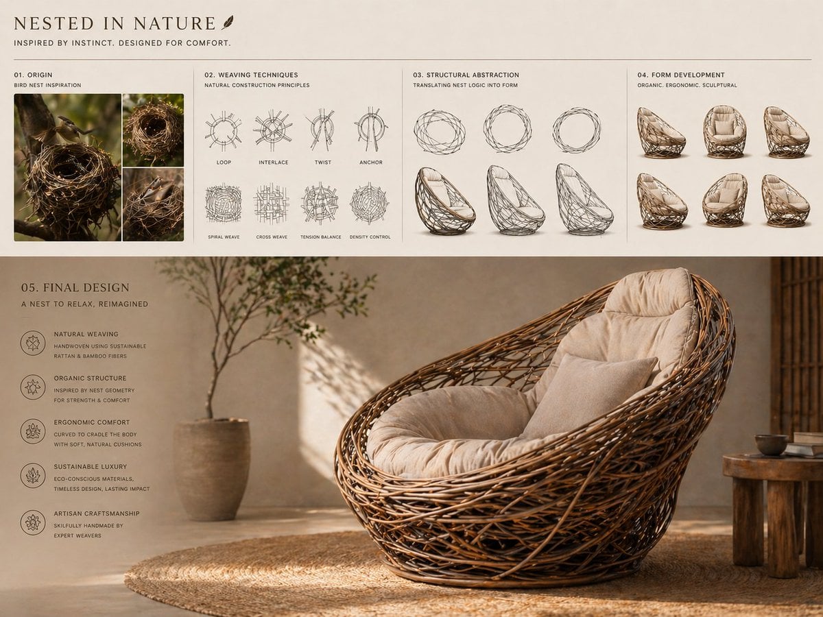Conceptual transformation, bird nest construction techniques shaping a sculptural lounge ...