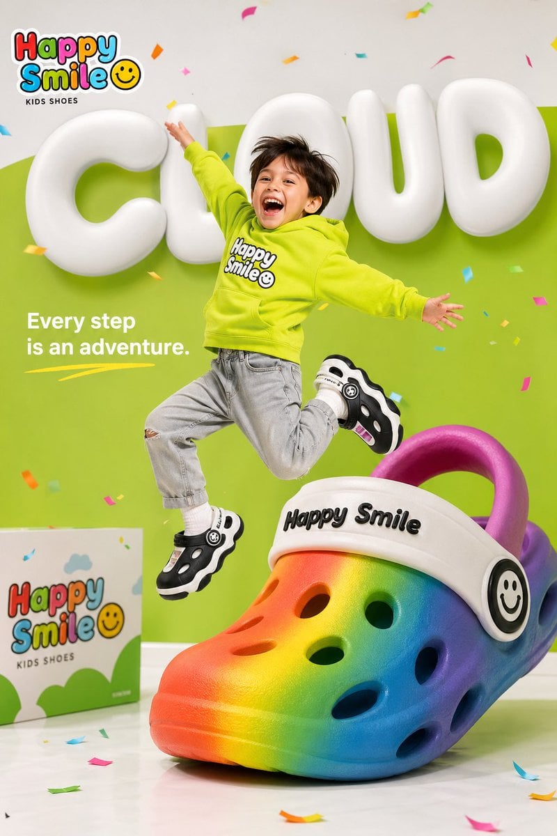 Bright colorful children's shoe brand advertisement for "Happy Smile☺️", happy young chil...