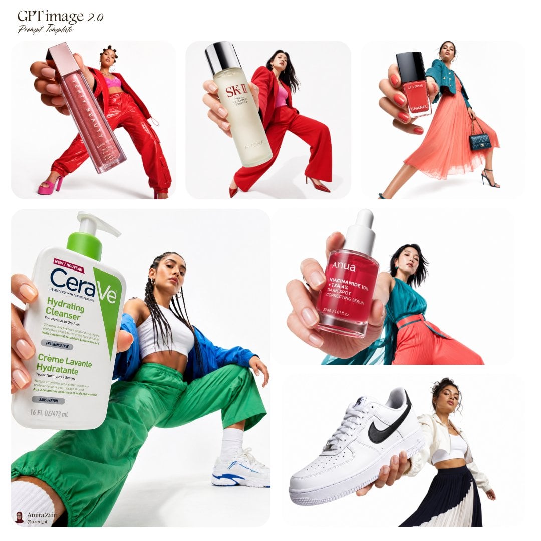 Low-angle fashion campaign photograph of a confident model holding a large [product name]...