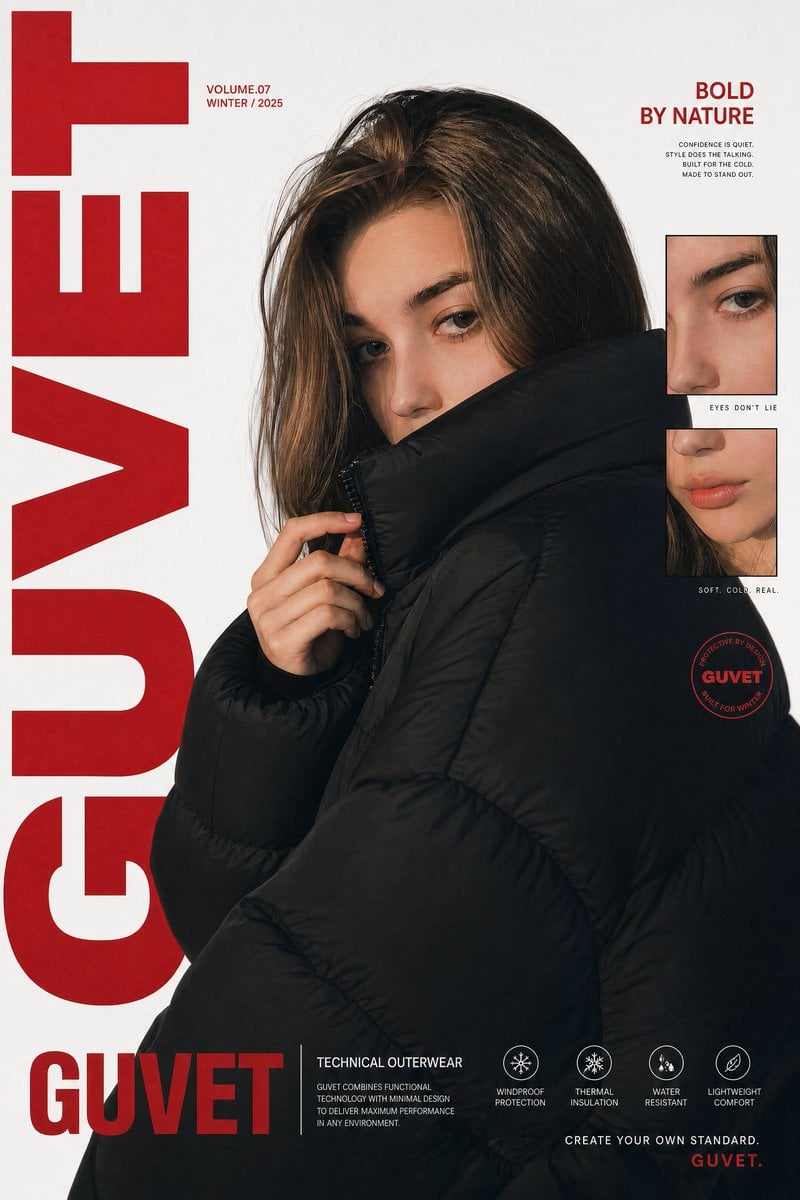 A bold fashion editorial poster featuring a young woman model in a close-up half-body por...