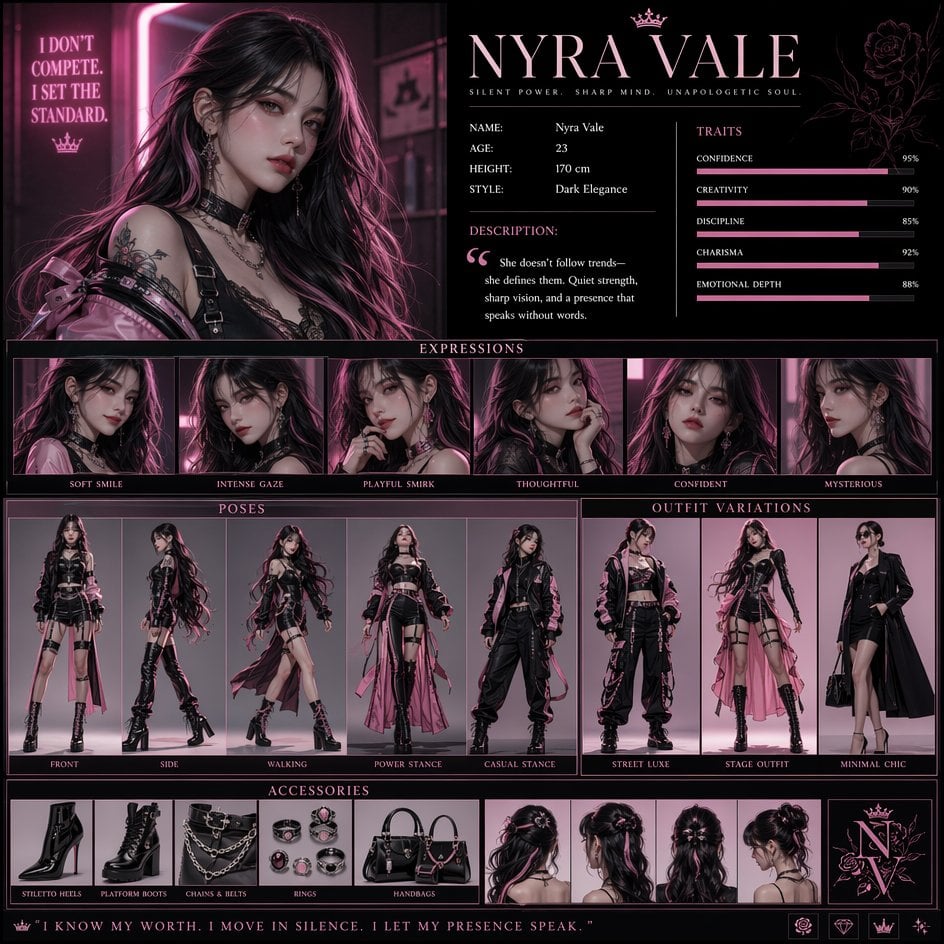 Create a high-resolution vertical character concept poster with a luxury pink and white ...