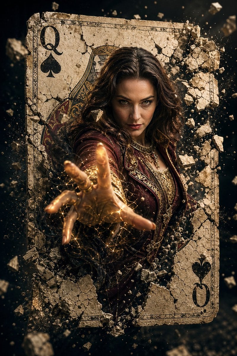 A hyper-realistic cinematic movie poster of a powerful female sorcerer with the same faci...