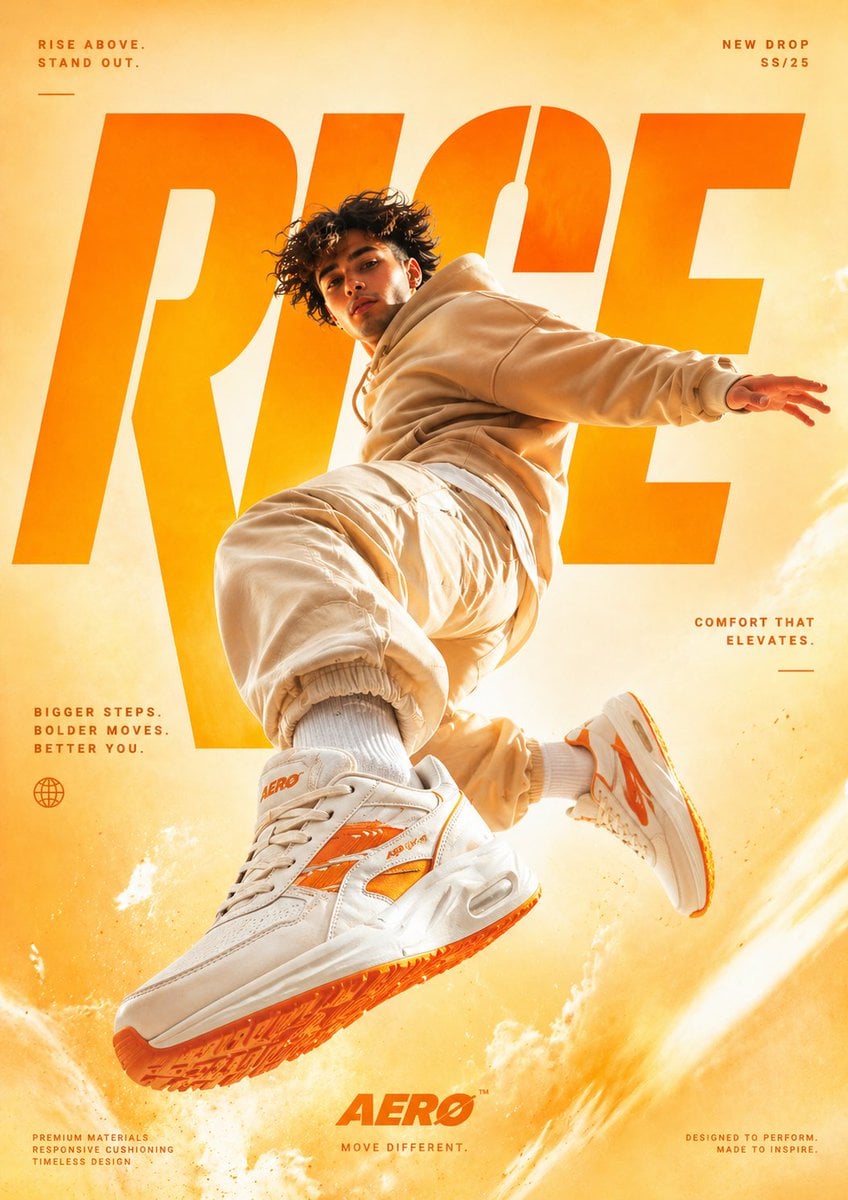 A cinematic, high-end sneaker advertisement poster featuring a young male model mid-air i...