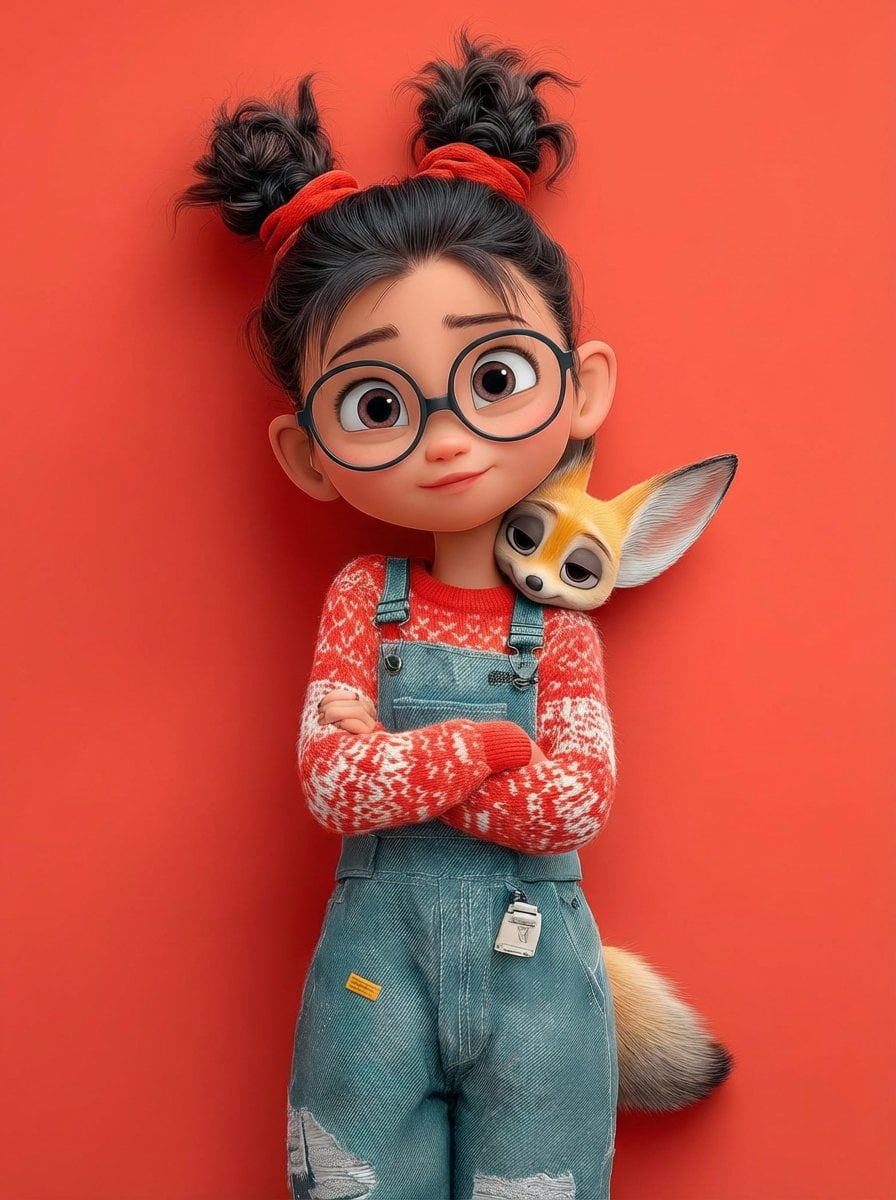 A cute 3D Pixar-style character portrait of a little girl with big expressive eyes and ro...
