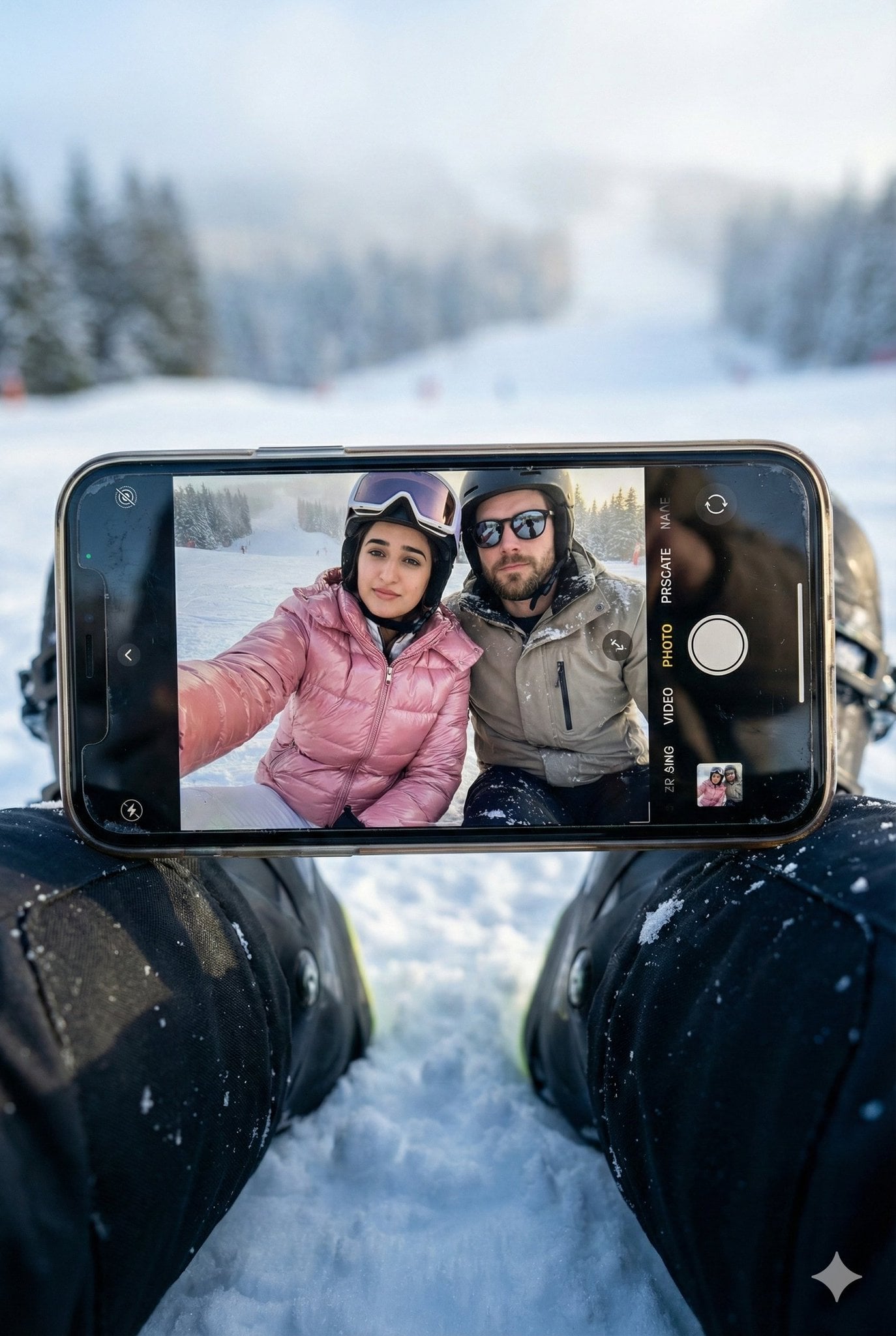 Create a hyper-realistic winter scene in a vertical 3:4 aspect ratio with cinematic reali...