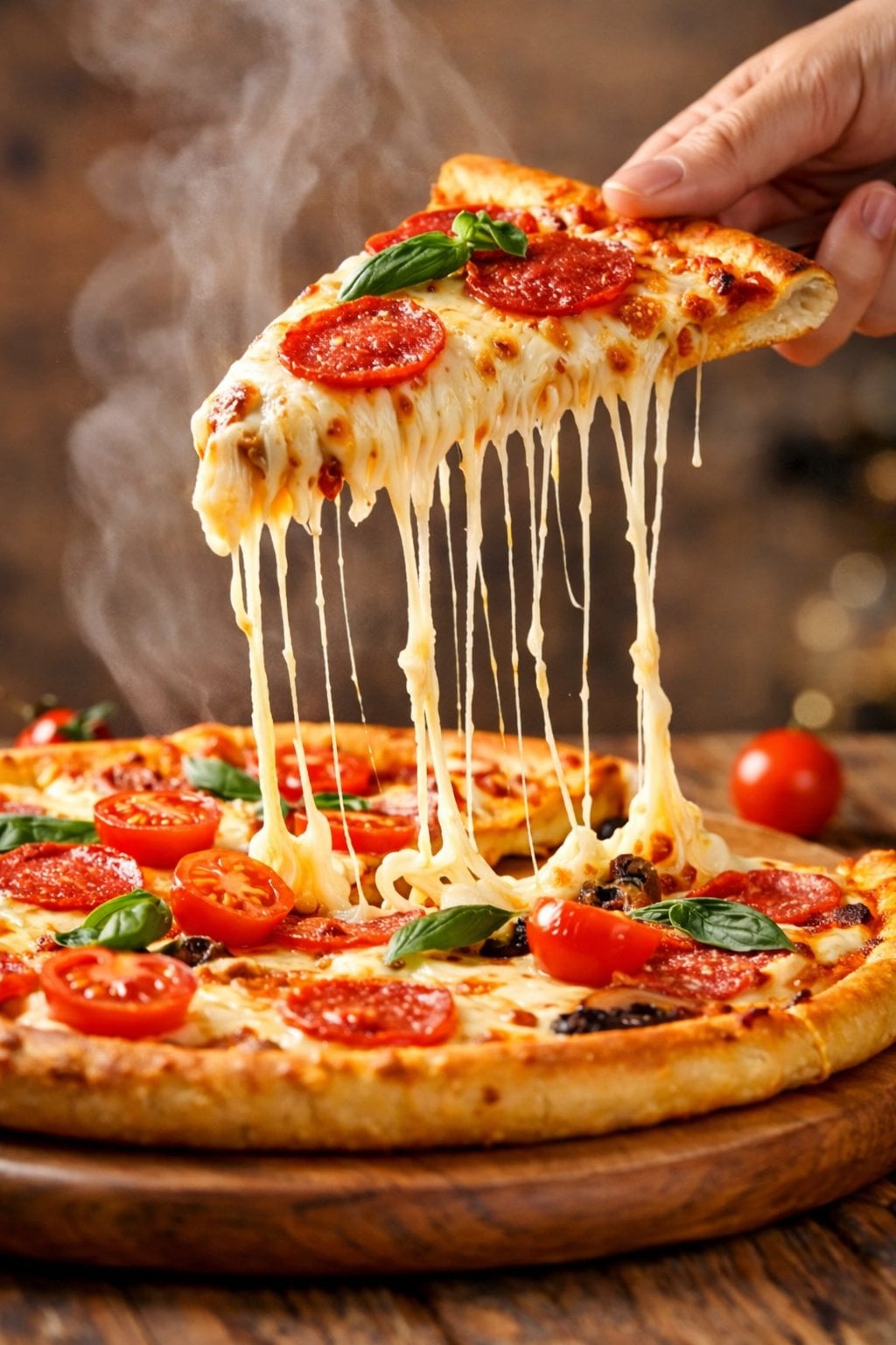 A hyper-realistic, cinematic close-up of a freshly baked pepperoni pizza slice being lift...