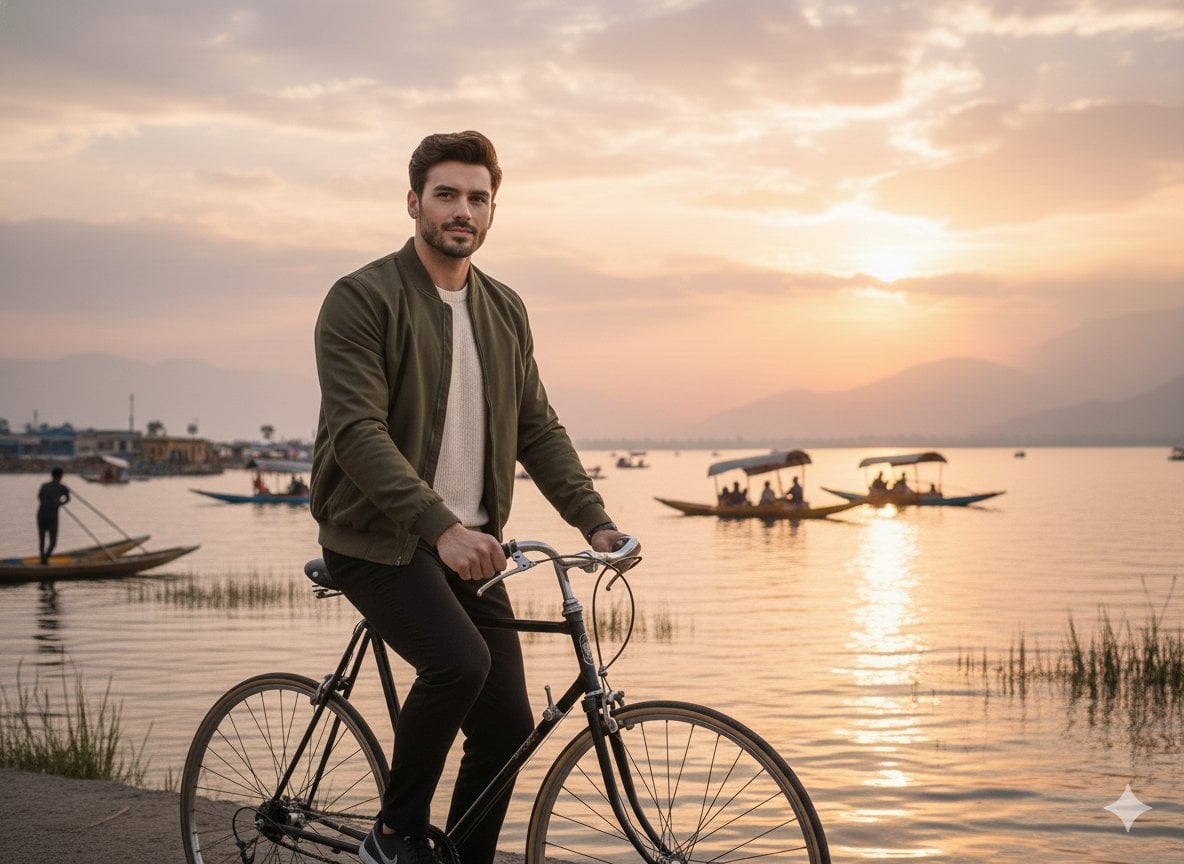A realistic cinematic photograph of a handsome man riding a bicycle along the edge of Dal...