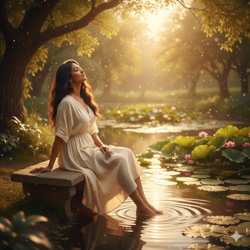 unfolds beside a tranquil pond, where gentle ripples catch the warm, golden sunlight. A y...