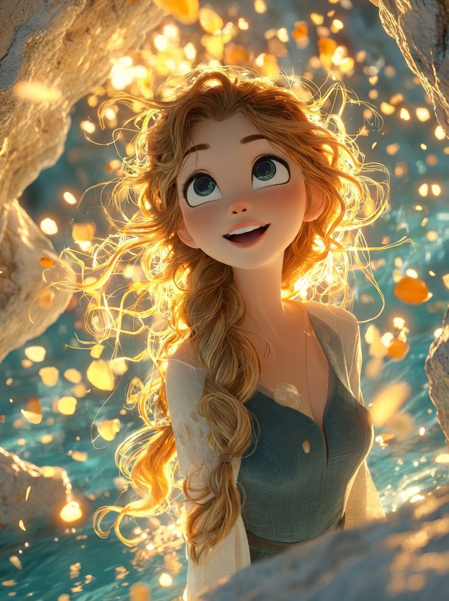 A dreamy, cinematic 3D animated girl with big expressive eyes and soft freckles, warm gol...