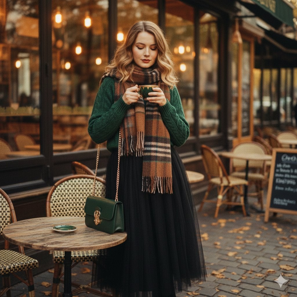 A cinematic 1970s-inspired fashion portrait of a graceful young woman seated on worn ston...