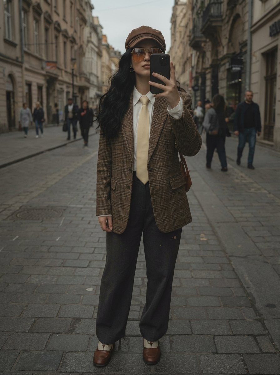 A stylish woman taking a mirror selfie on a European cobblestone street, wearing a brown ...