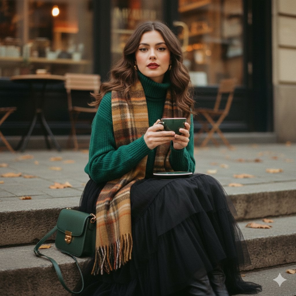 A cinematic 1970s-inspired fashion portrait of a young woman seated on worn stone steps o...