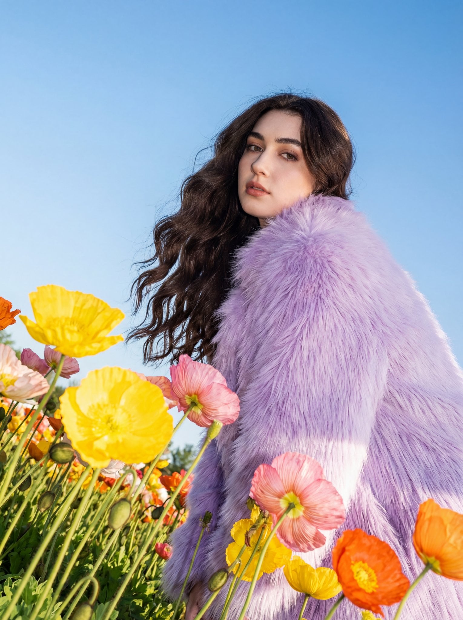 Use this photo attached to create a striking outdoor fashion portrait set in a vibrant fl...