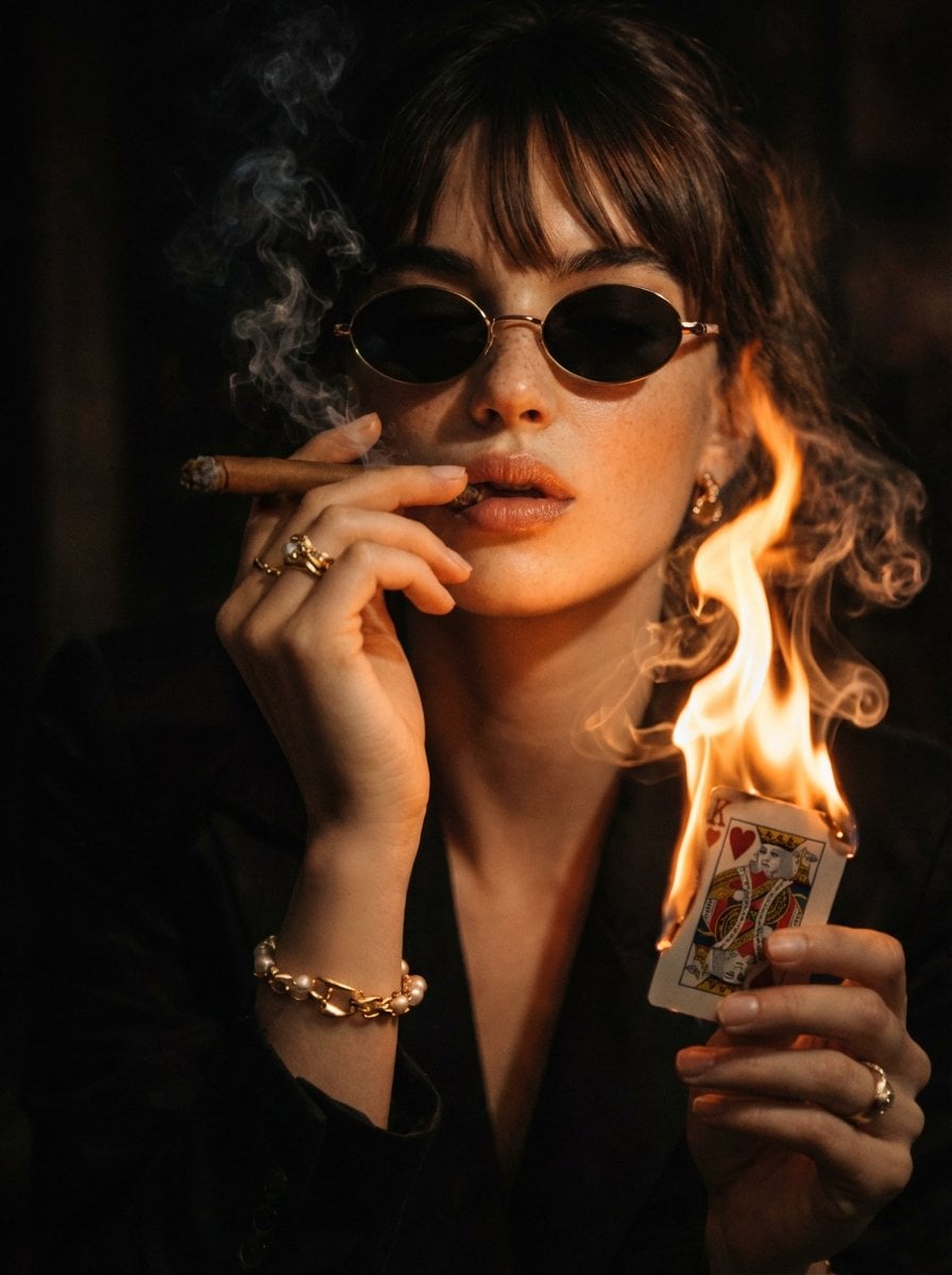 A cinematic, moody portrait of a stylish women in dark suit and oval sunglasses, smoking ...