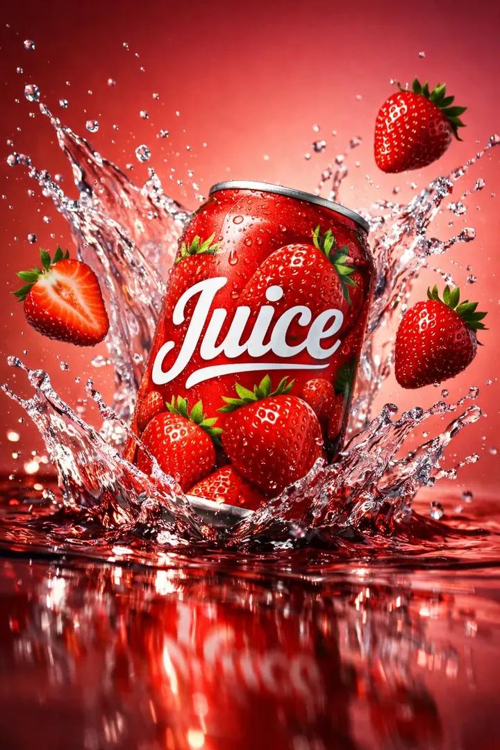 Ultra-realistic cinematic beverage product photography of a vibrant red aluminum juice ca...