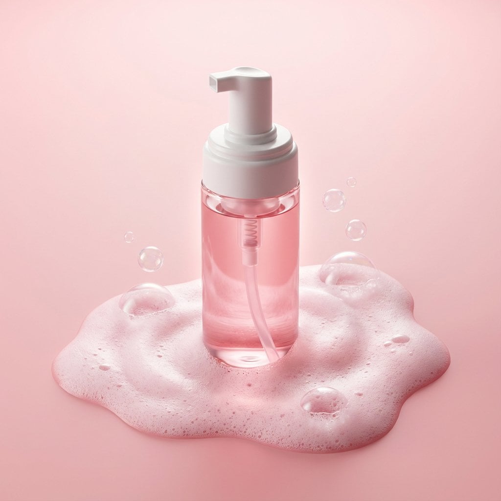 Premium minimalist skincare product photography. A translucent pink liquid cleanser bottl...