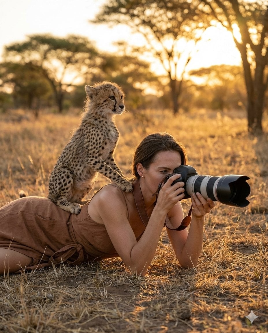 Ultra-realistic wildlife photography scene: An elegant woman in a minimal earthy-toned wr...