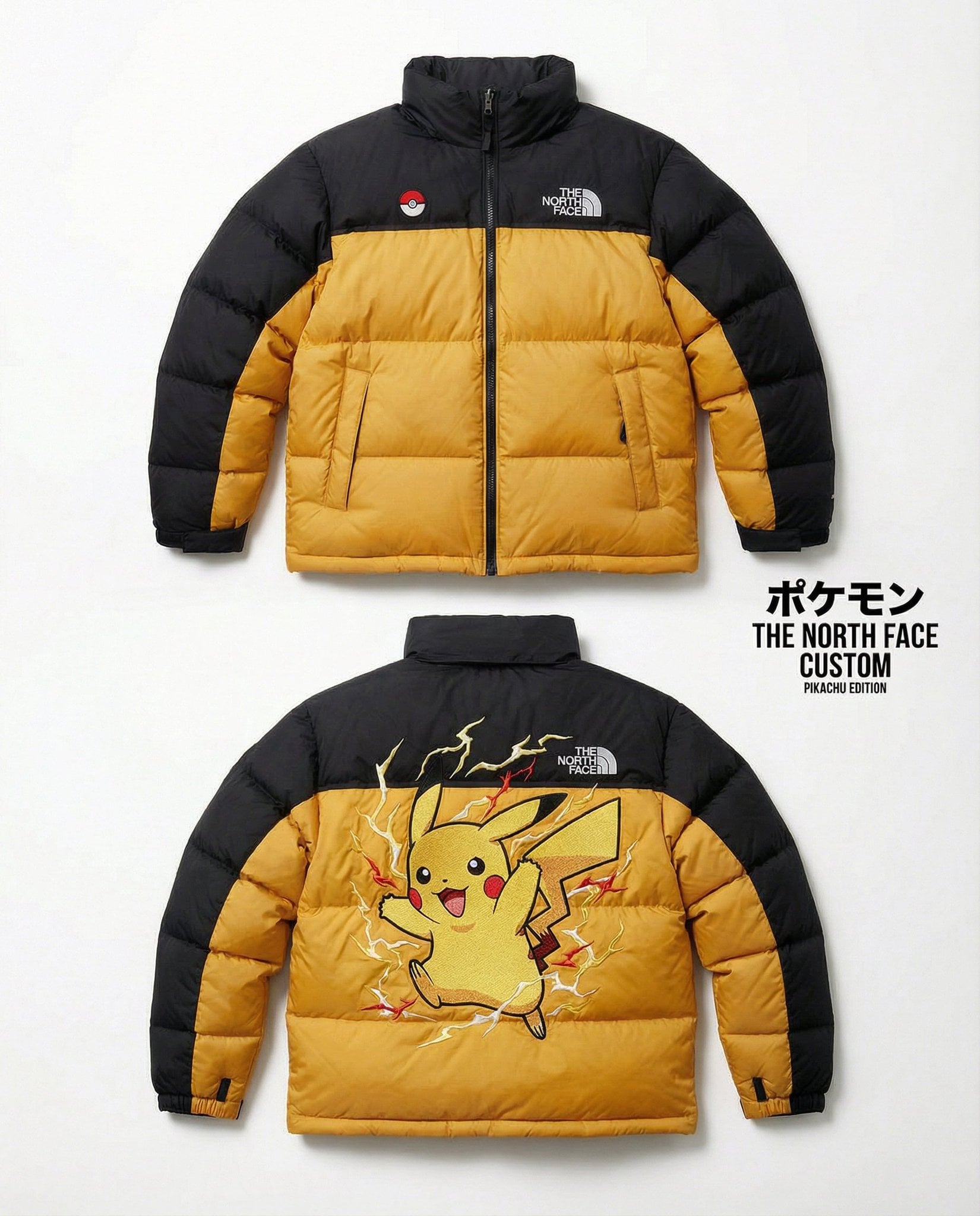 High-end editorial product shot of a custom The North Face Nuptse 700 puffer jacket inspi...