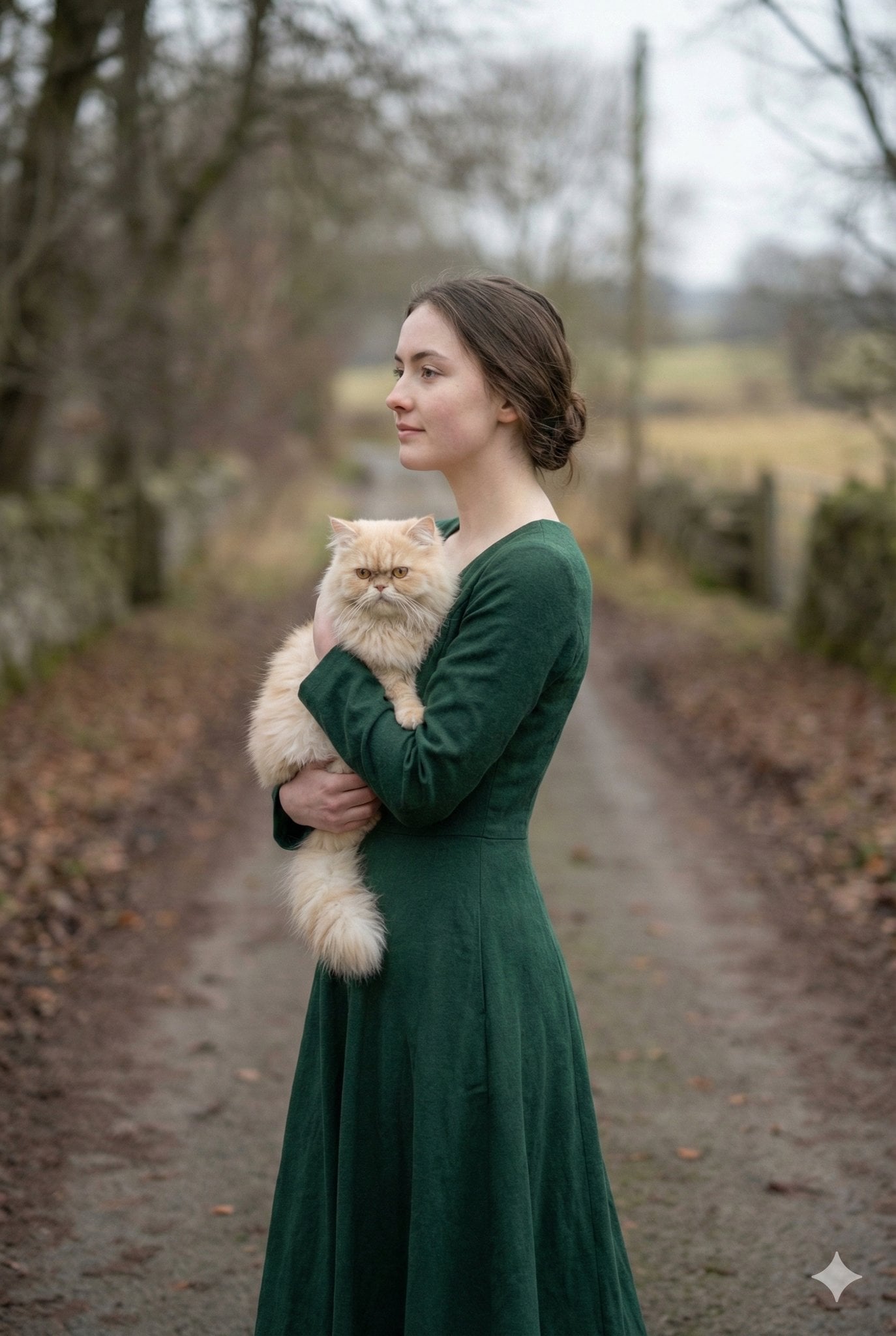 portrait of a young woman in her early 20s walking calmly on a beautiful road, holding a ...