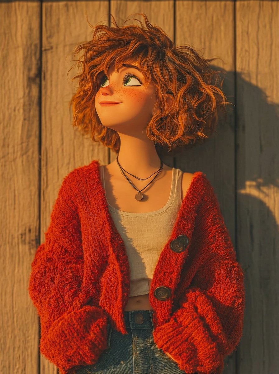 1. A stylized 3D animated girl with short messy curly ginger hair, light freckles across ...