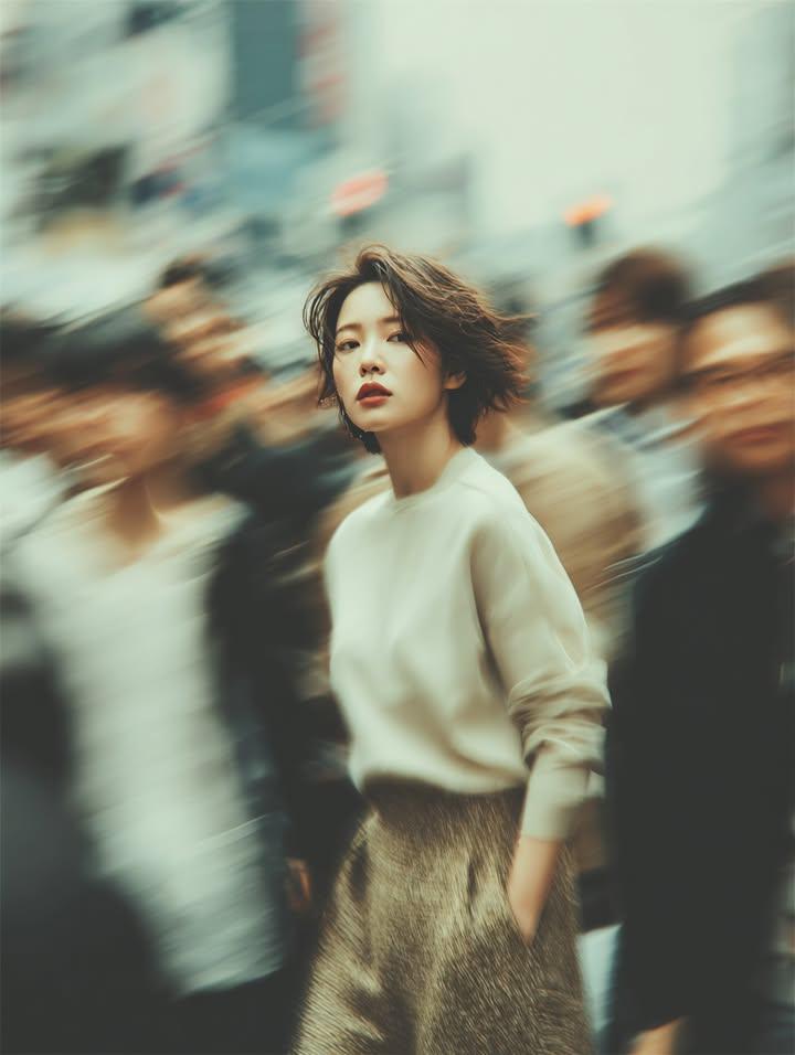 A cinematic street portrait of a young woman standing still in a busy urban crowd, captur...