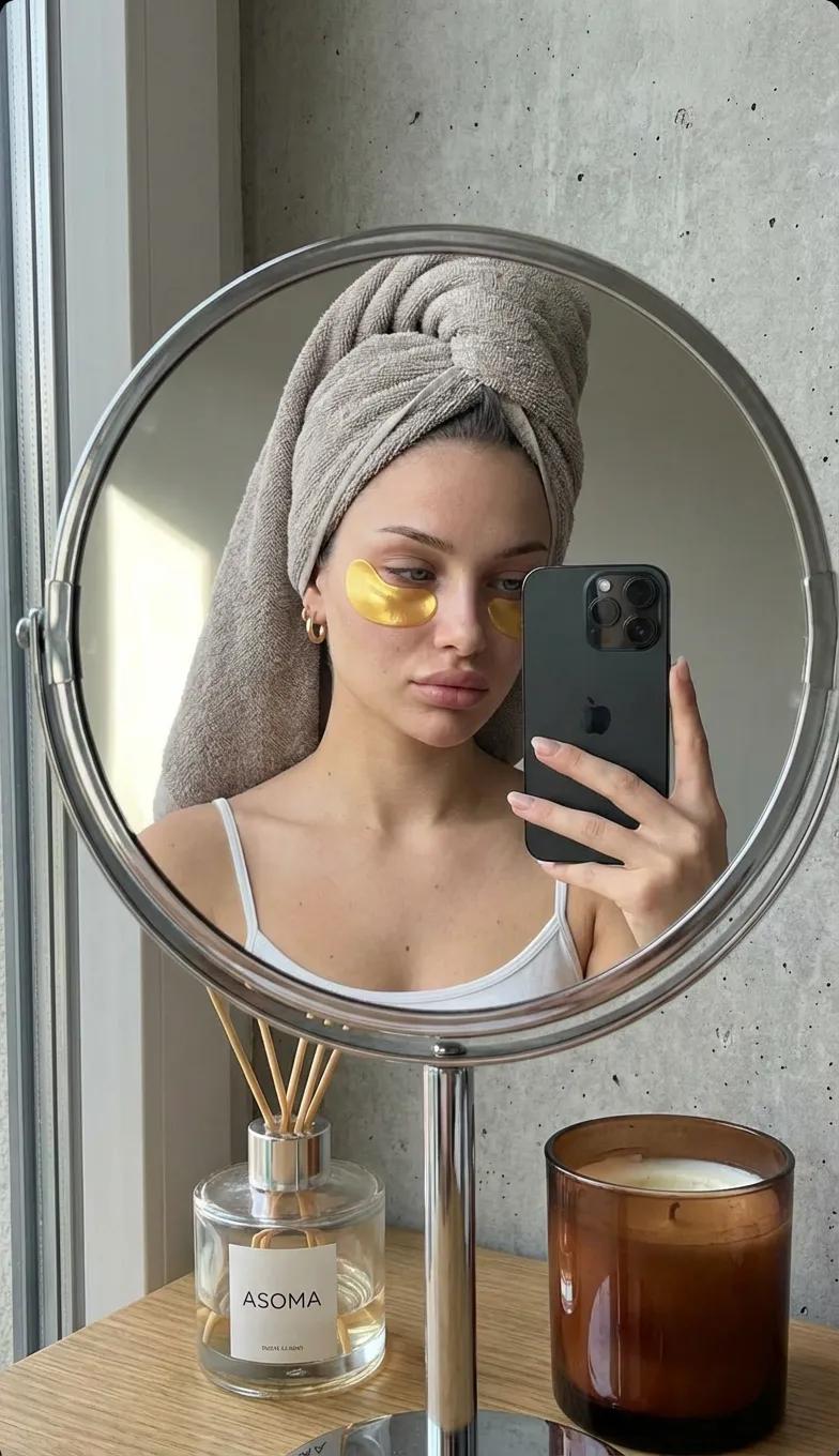 A highly realistic mirror selfie of a young woman taken through the reflection of a round...