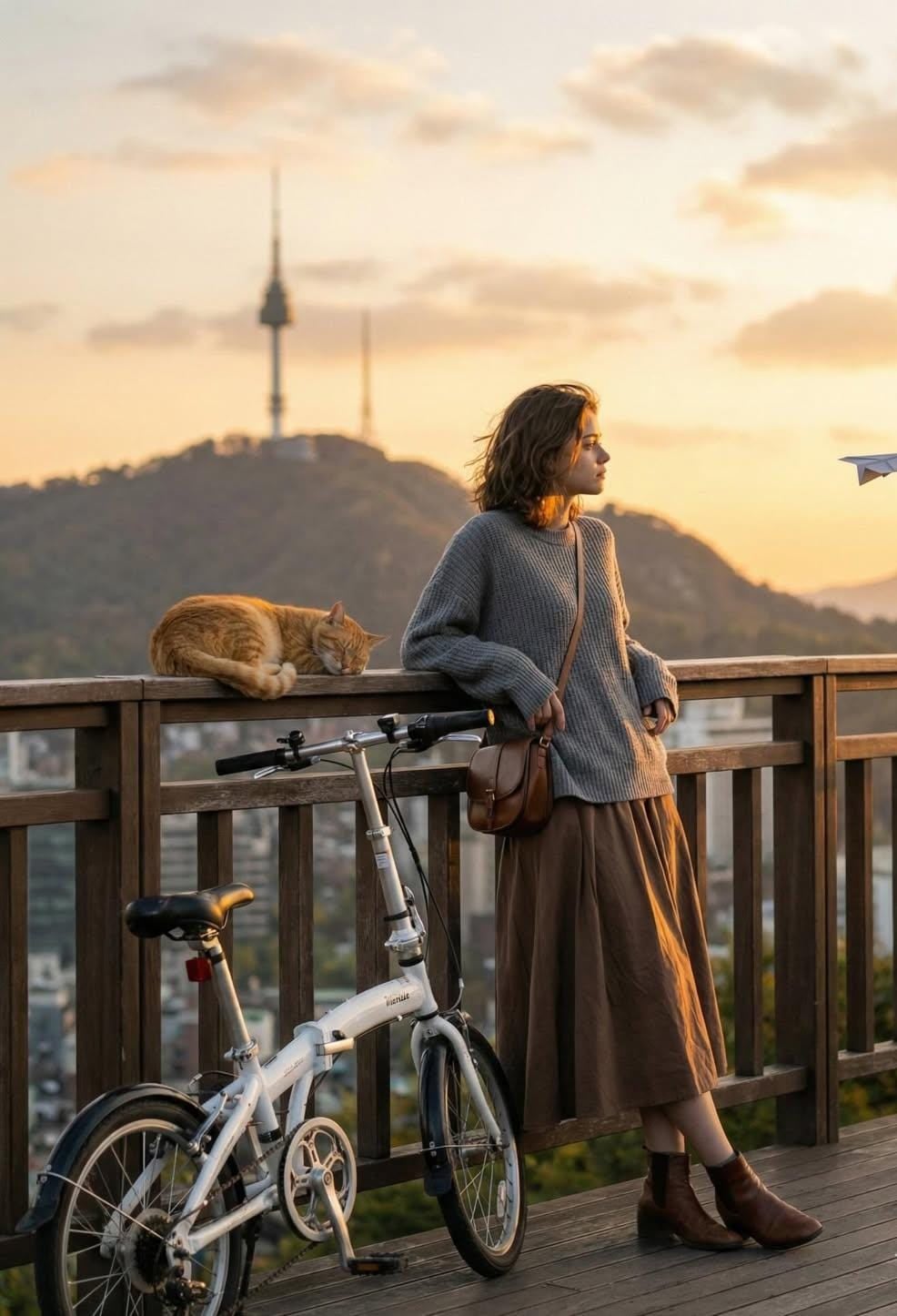 A cinematic golden-hour photograph of a young woman standing on a wooden viewpoint balcon...