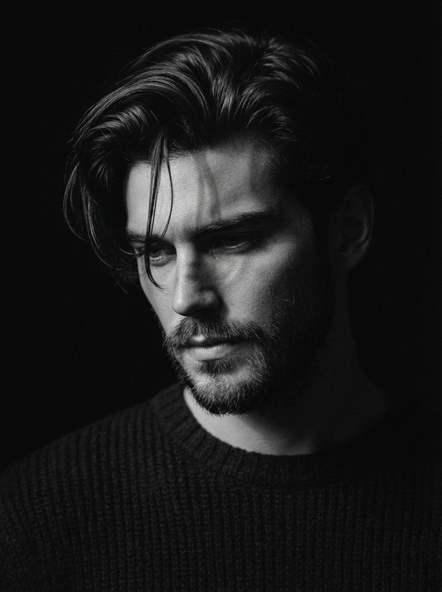 Close-up black and white portrait of a man use image face reference with messy hair and a...