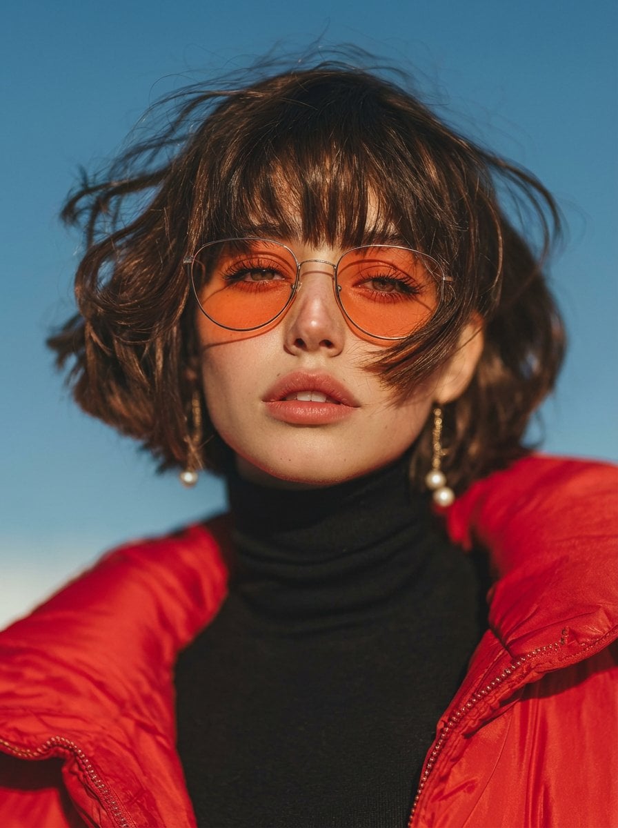 A cinematic fashion portrait of a young woman with a short wavy bob haircut and wispy ban...