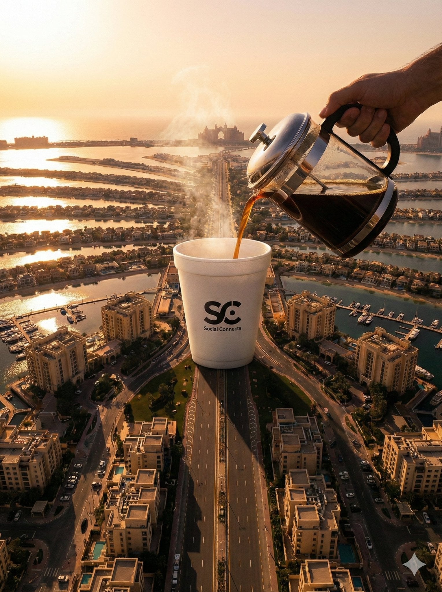 An aerial photograph captures a surreal scene where a giant white foam cup, branded with ...