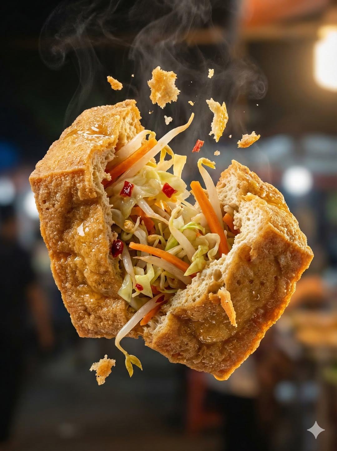 "Macro food photography of a crispy martabak telur tearing open mid-air, thin golden wrap...