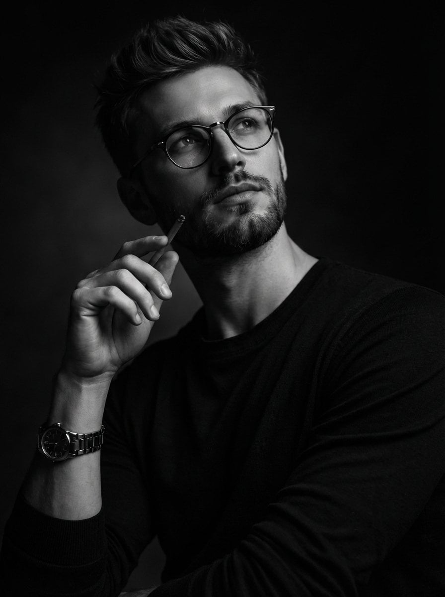 A dramatic black and white studio portrait of a thoughtful man with short styled hair, li...