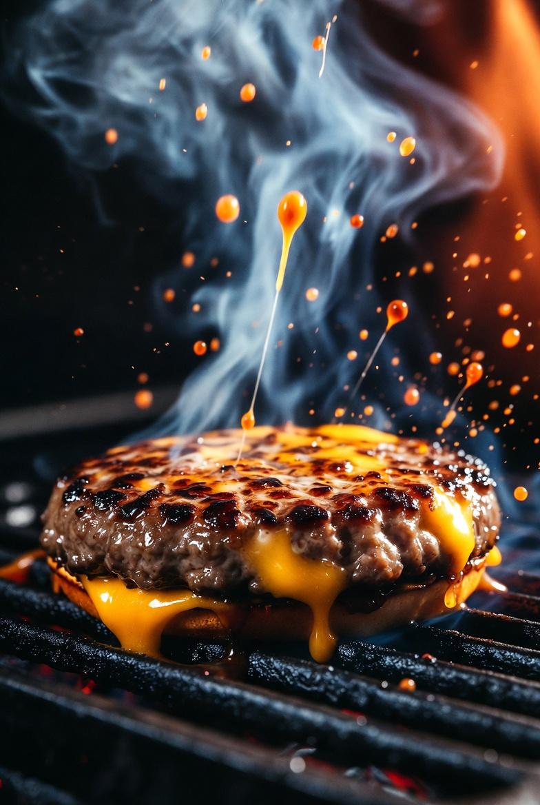 A hyper-realistic, cinematic close-up of a sizzling gourmet cheeseburger. The thick, juic...