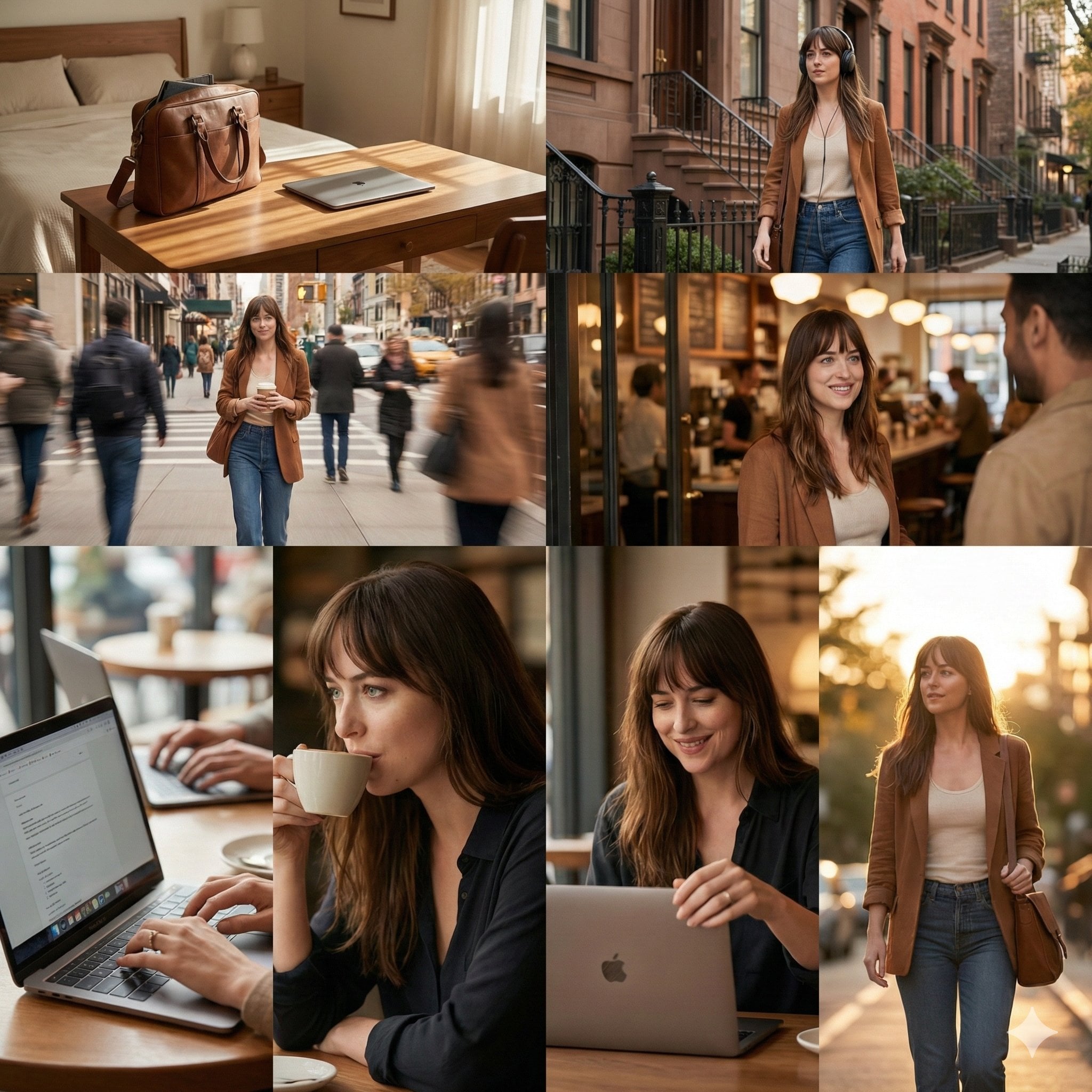 cinematic 8-photo storytelling collage featuring the same girl throughout the journey.