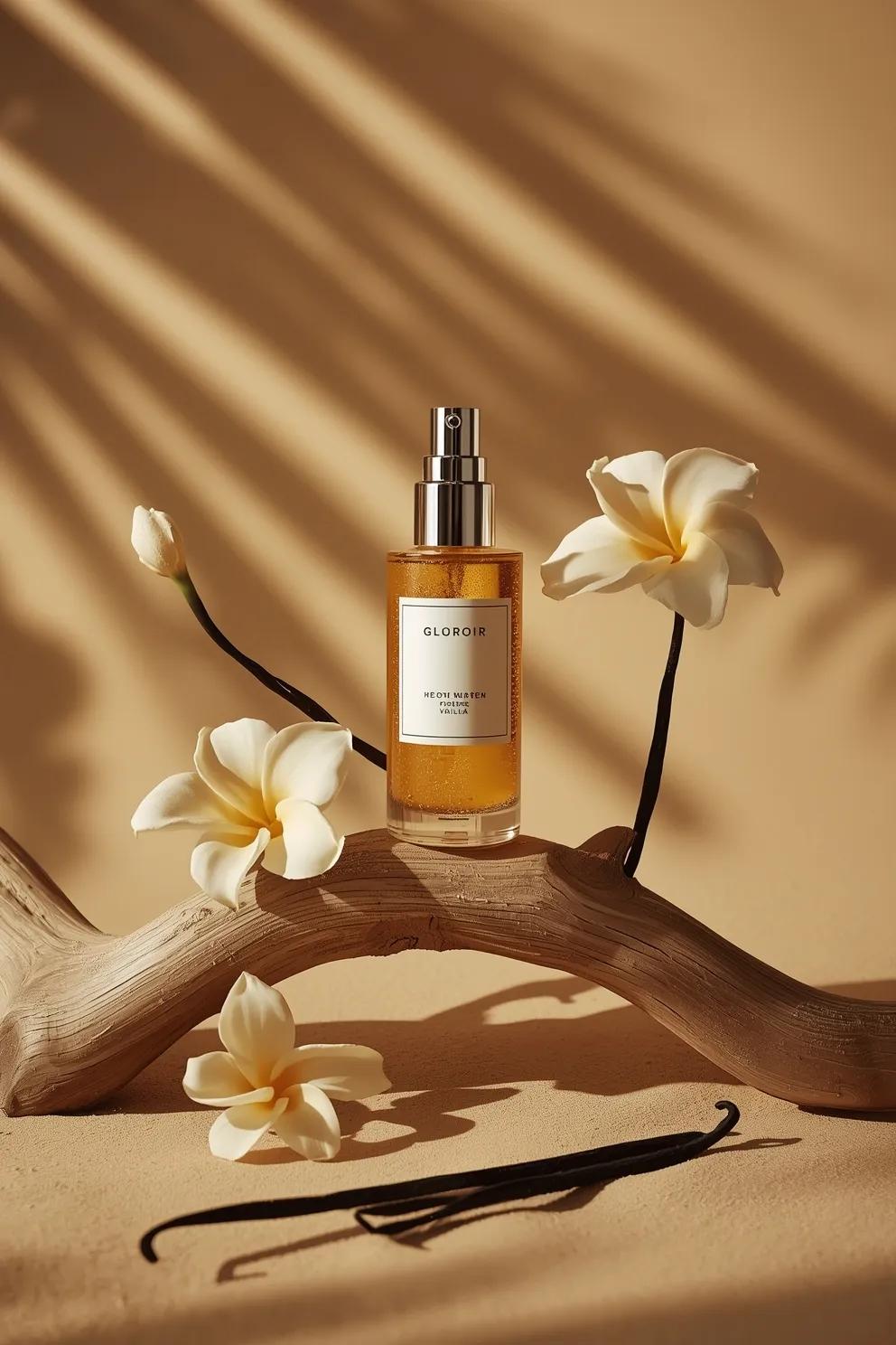 - Ultra-cinematic luxury skincare product photography of a translucent amber serum pump b...