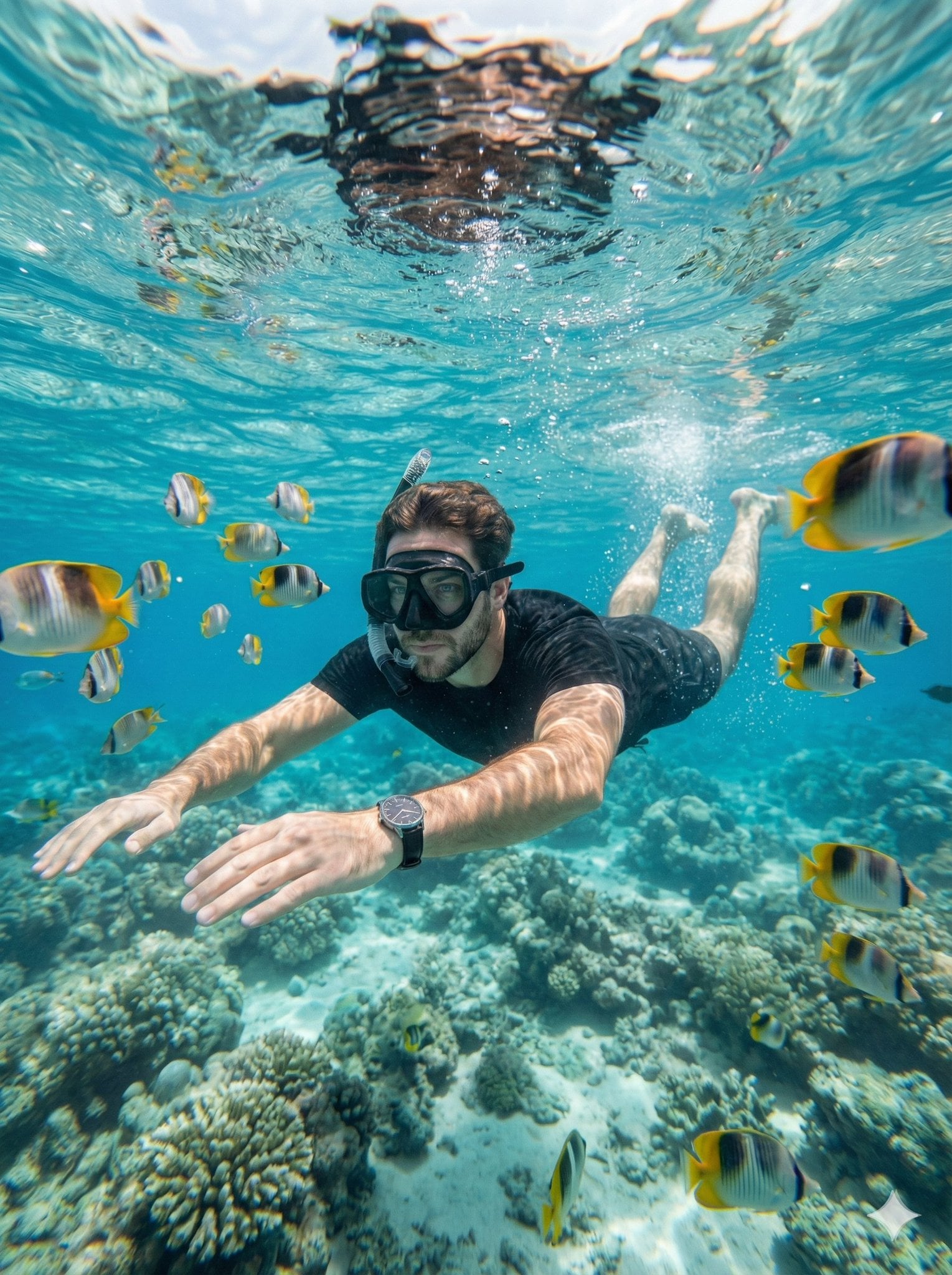 Create a hyper-realistic underwater close-range portrait captured with a wide-angle actio...