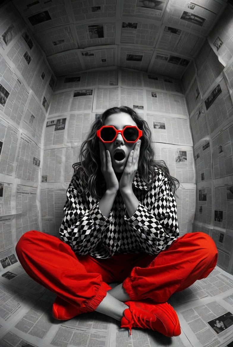 Hyper-realistic editorial photo shot at eye level with a 12mm ultra-wide lens, full-frame...
