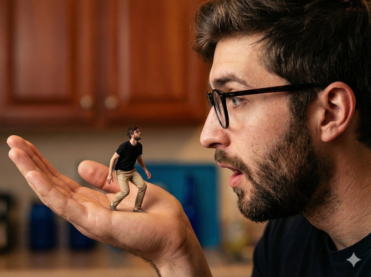 A hyper-realistic, surreal composite shot utilizing forced perspective to create a dramat...
