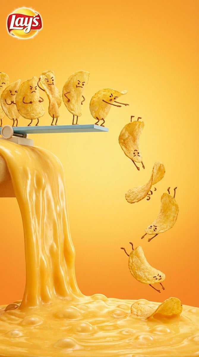 Vertical snack advertising visual with playful anthropomorphic tone. At the top, golden L...