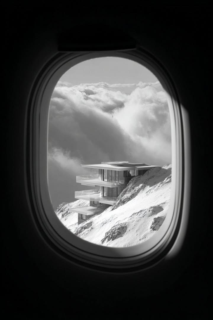 a window looking out an airplane and you can see a 4k image of a futuistic, very modern h...