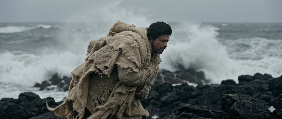 Wide shot, subject acts as an anchor against a raging wind. Standing on a jagged black ro...